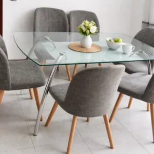 Juego Comedor Mesa Cristal y 6 Sillas Grises