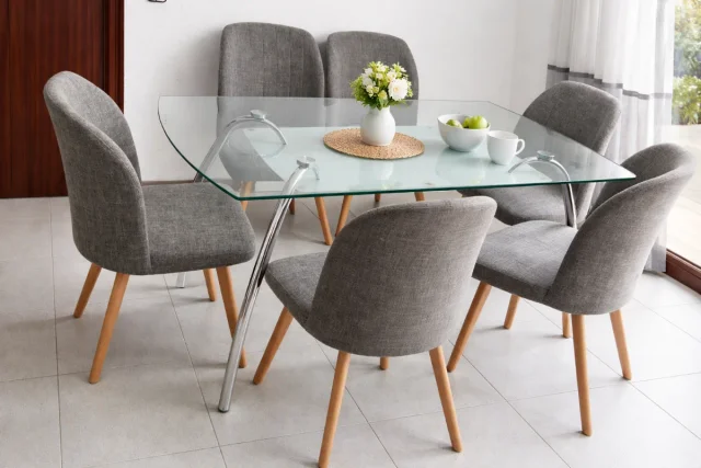 Juego Comedor Mesa Cristal y 6 Sillas Grises