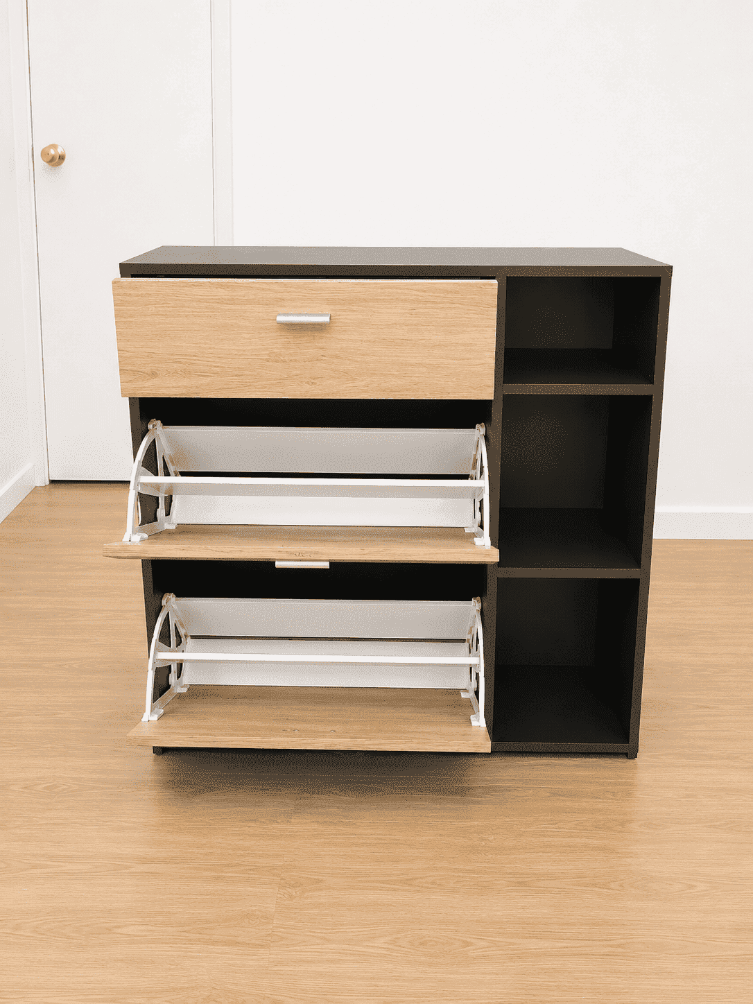 Zapatero Moderno Gris y Madera con Compartimentos Abatibles – 90 cm - Imagen 2