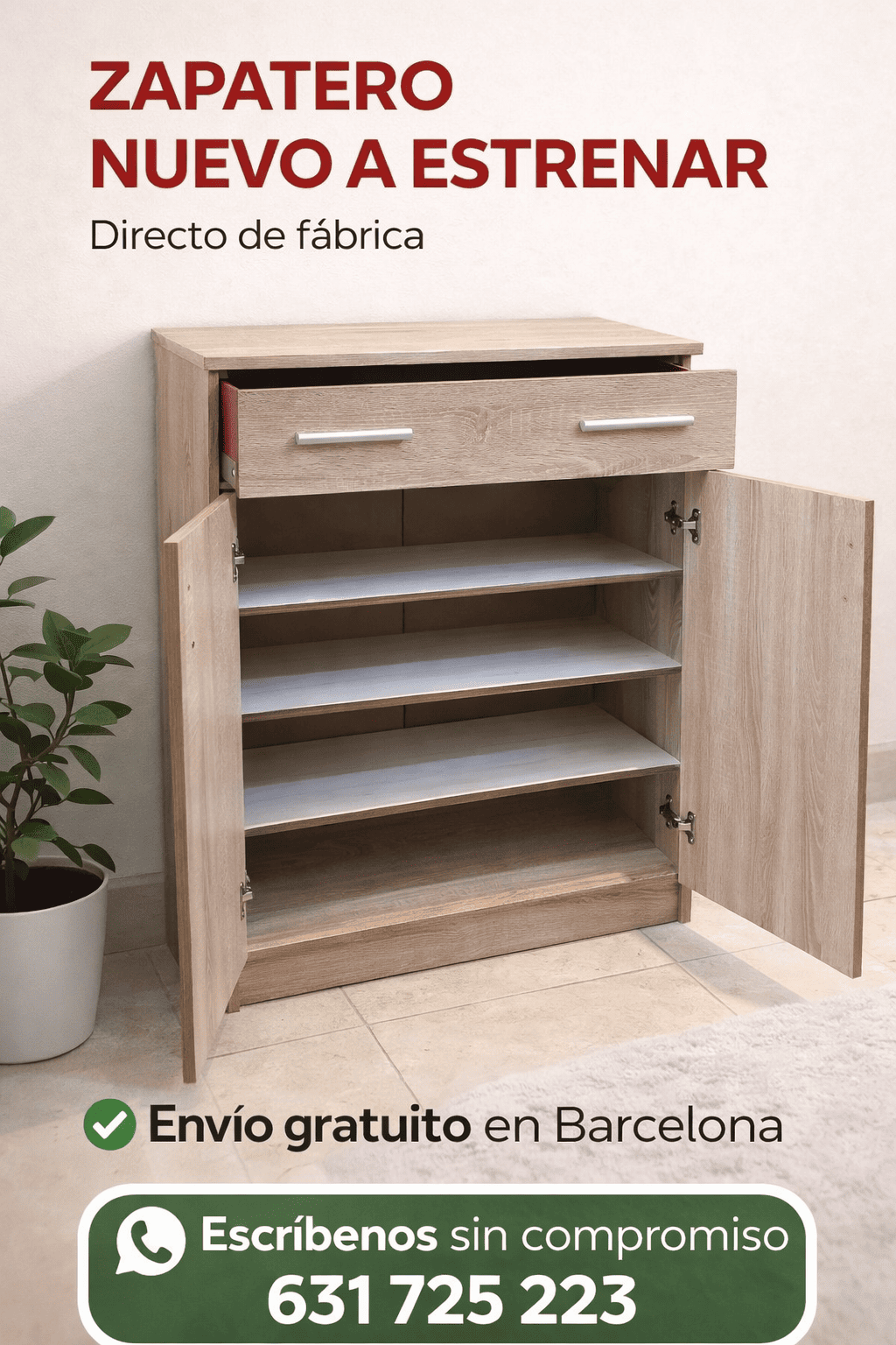 Zapatero de Madera Marrón con Cajón y Puertas – 74 cm - Imagen 5