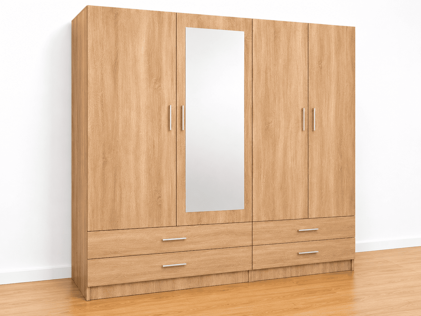 Armario de madera de 4 puertas con espejo y 4 cajones 200 cm