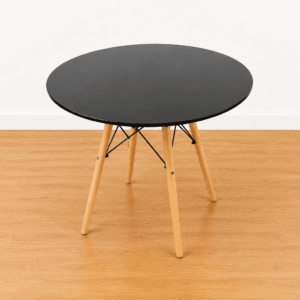 Mesa de comedor redonda negra con patas de madera