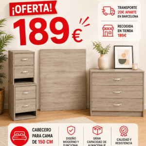 Pack dormitorio completo: cómoda + 2 mesitas + cabecero 150 cm