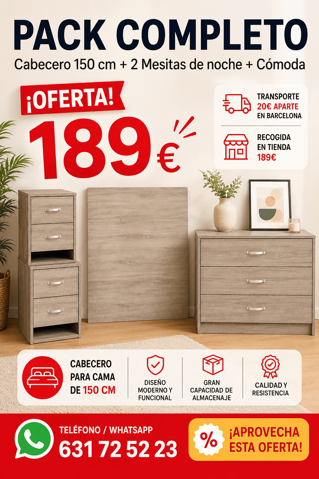 Pack dormitorio completo: cómoda + 2 mesitas + cabecero 150 cm