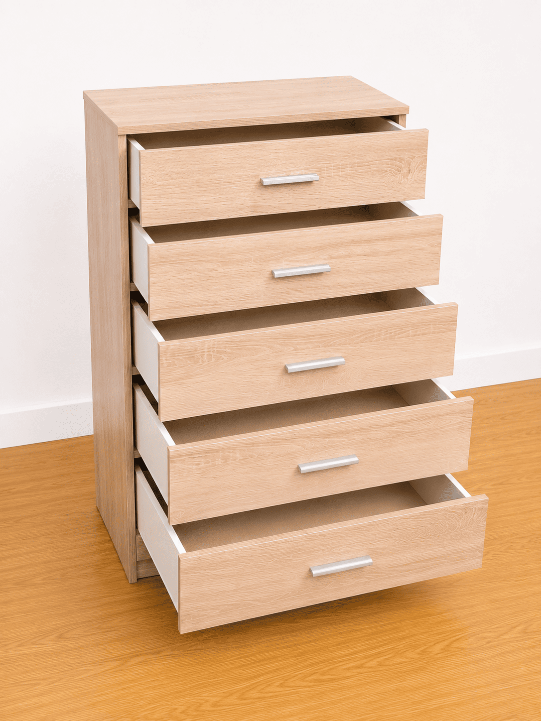 Cómoda de madera de 5 cajones disponible en blanco o madera - Imagen 2