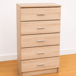 Cómoda de madera de 5 cajones disponible en blanco o madera