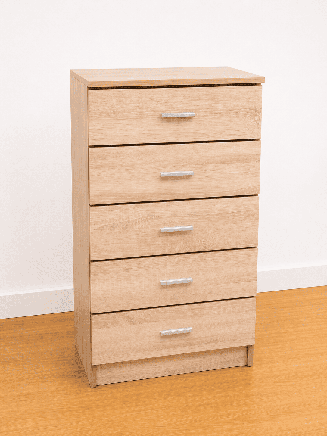 Cómoda de madera de 5 cajones disponible en blanco o madera