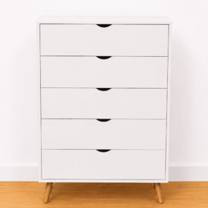 Cómoda blanca de 5 cajones con patas de madera – Nueva