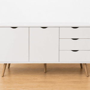 Mueble TV blanco y madera con 3 cajones y 2 puertas