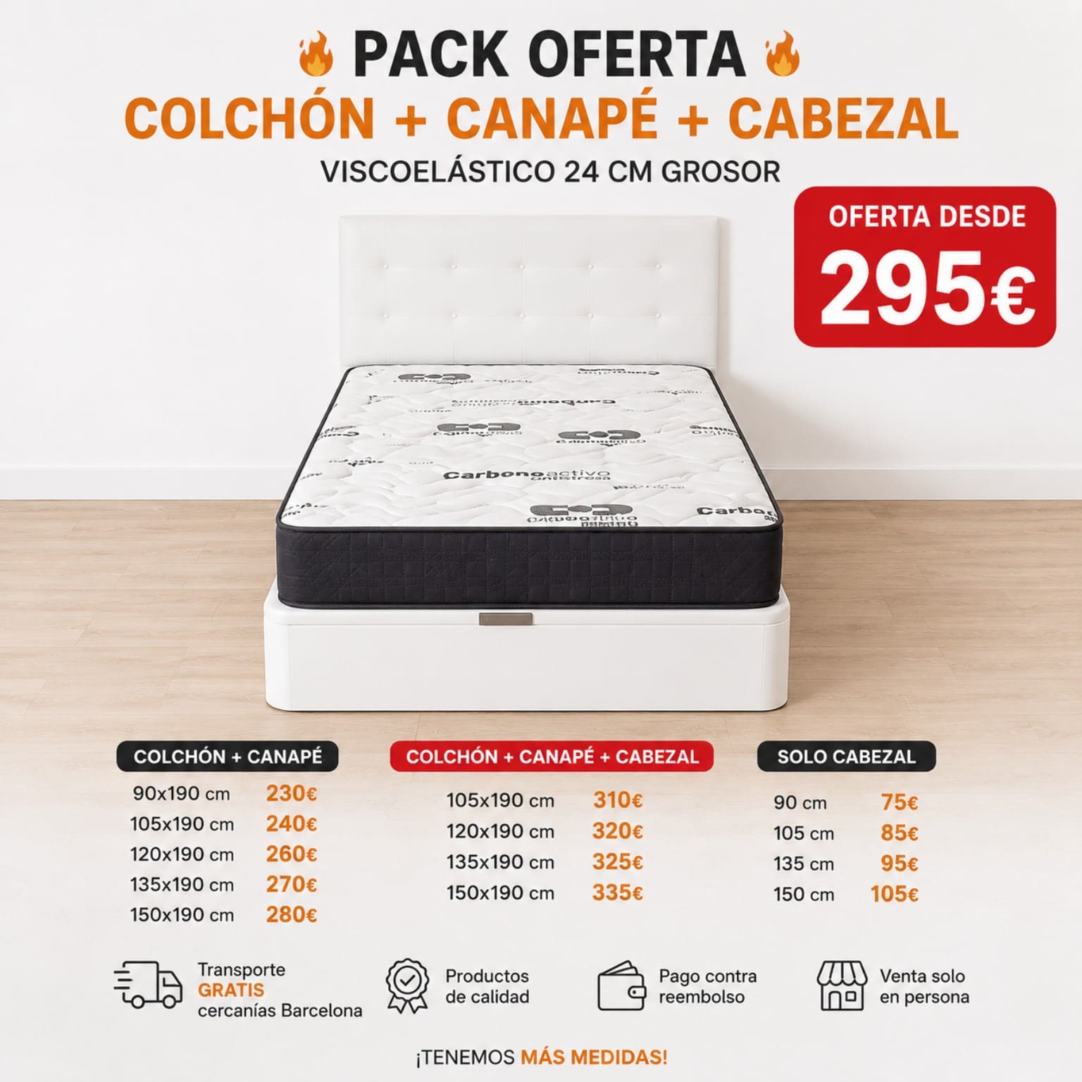 🛏️ Pack Canapé Abatible + Colchón Visco 24 cm + Cabecero