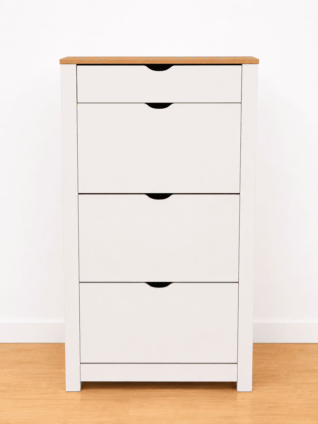 Zapatero blanco y madera de 4 cajones con cajón superior