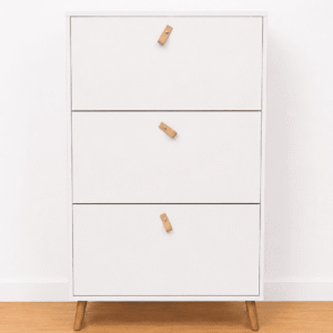 Zapatero blanco con tiradores de cuero – 3 cajones – Nuevo