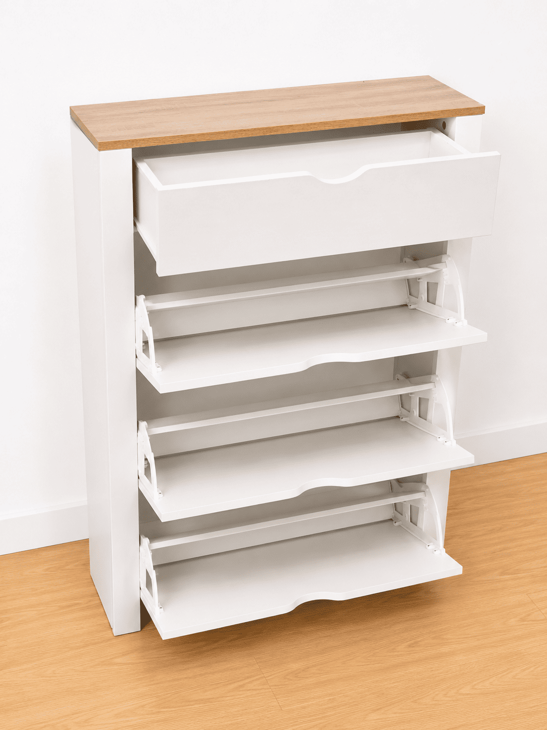 Zapatero blanco y madera de 4 cajones con cajón superior - Imagen 3