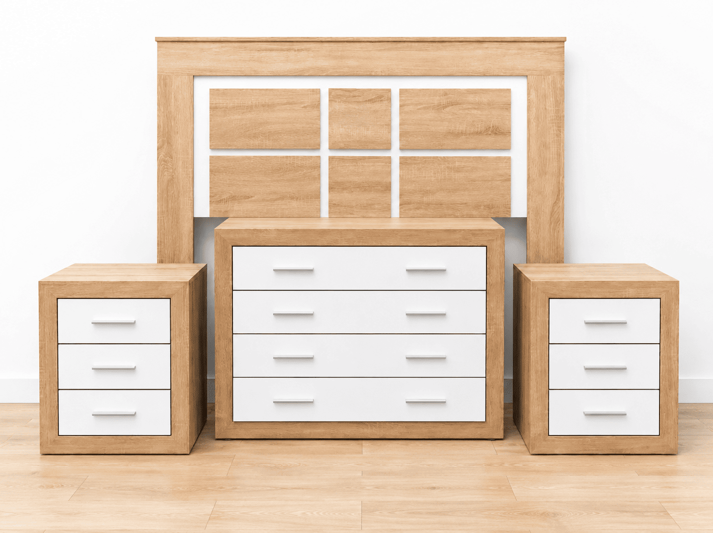 Conjunto de Dormitorio Completo: Cabecero + Cómoda + 2 Mesitas