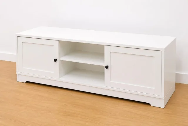 Mueble TV Blanco con 2 Puertas y Estantes – 120 cm